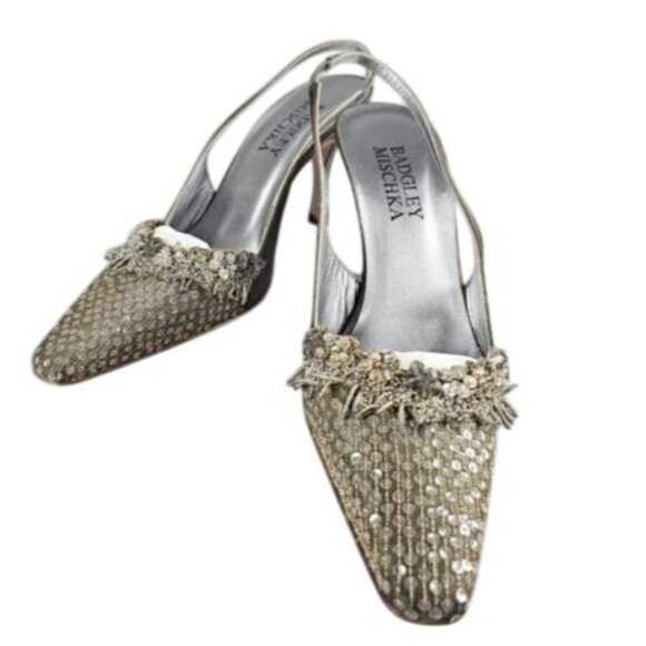 BADGLEY MISCHKA Venus Champagne Beaded Embellished Italian Leather Slingbacks - Picture 7 of 13
